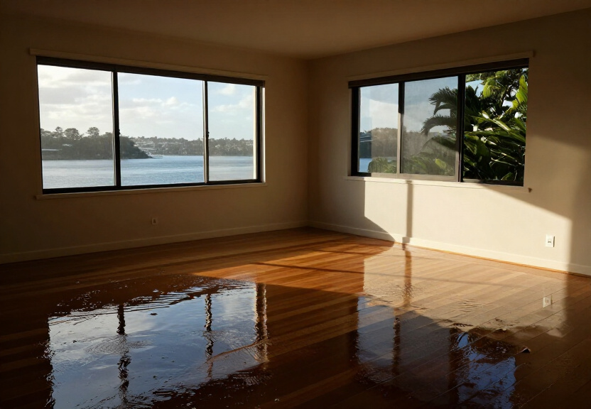 Flood damaged living room in Pleasure Point before restoration